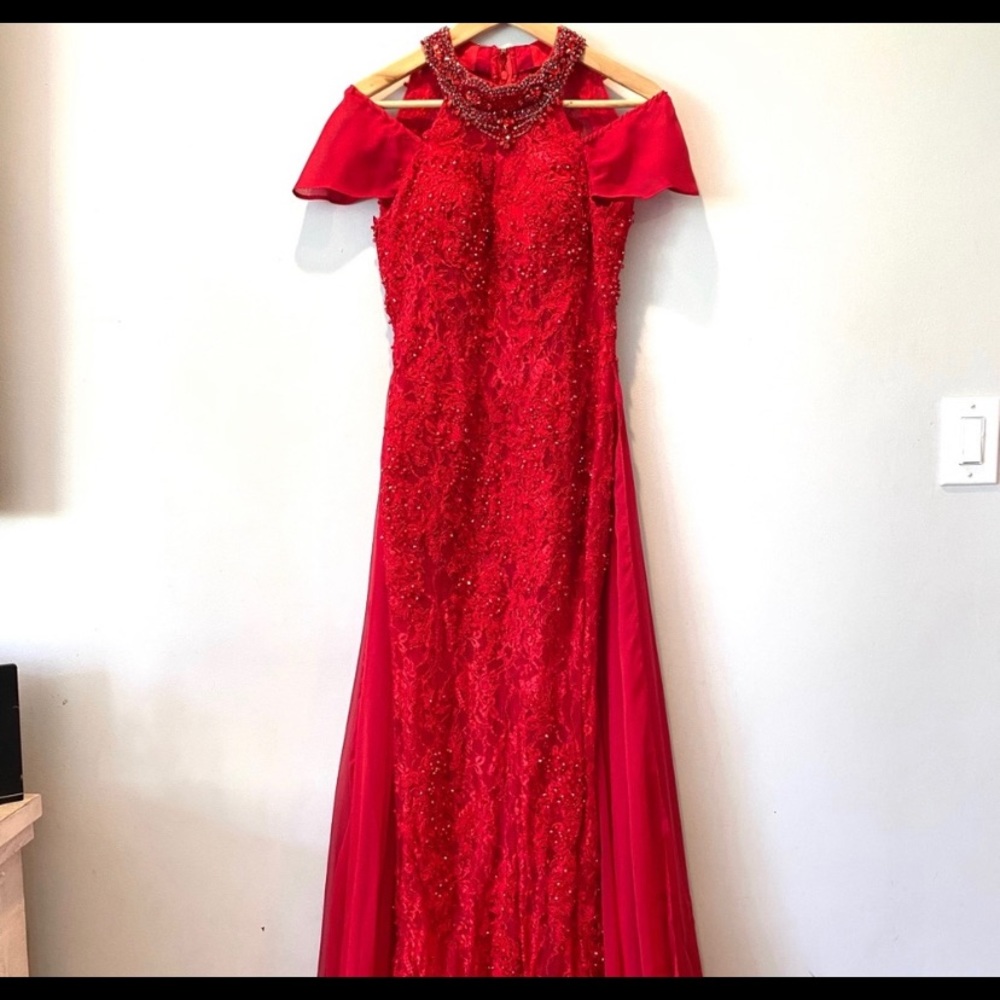Mac Duggal Lace High Neck Beaded Gown With Train